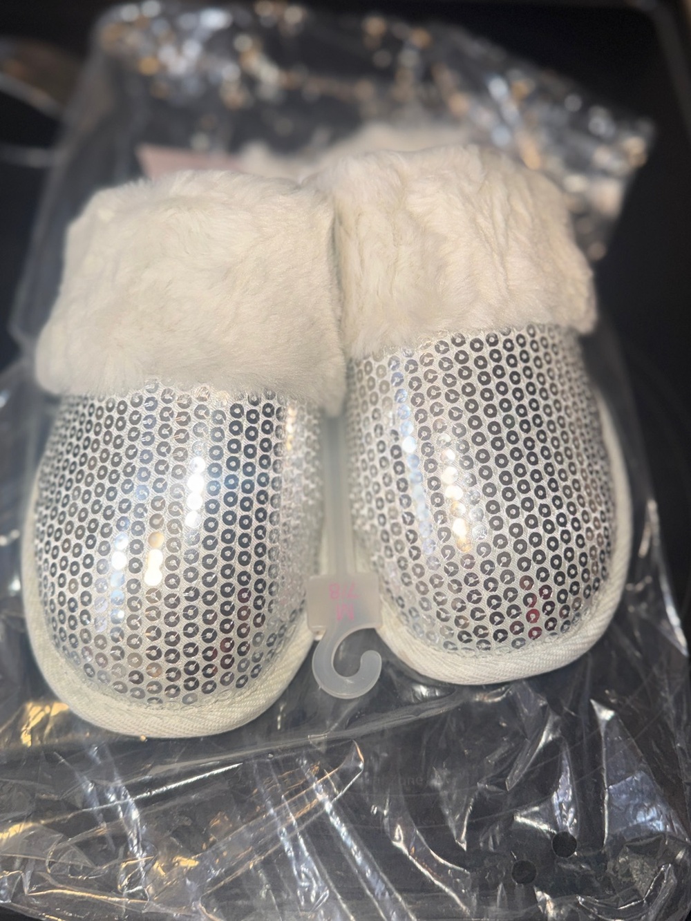 Sparkling Silver Sequin Faux-Fur Lined Slippers